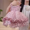 Vestido de Moda de Verão para Meninas, Gaze Branca, Estampa Floral Rosa, Sem Mangas, Sem Alças, Tule Bufante, Vestido Princesa Casual, Chapéu