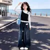 Conjunto de Dos Piezas para Niñas Primavera/Otoño 2026 Estilo Coreano Moderno de Moda Top Falso de Dos Piezas Manga Larga Jeans Dulces de Dibujos Animados