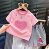 Ropa para niños al por mayor traje de niña verano 25 nuevo lentejuelas para niños amor manga corta top jeans rotos conjunto de dos piezas