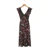 Estilo Europeo y Americano 2026 Nuevo Estilo Francés Elegante Retro Negro Floral Sexy Cuello en V Ceñido a la Cintura Adelgazante Vestido