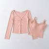 Top Sexy Duas Peças Estilo Ballet com Bojo Camisola Colete com Decote V Blazer de Botão Único Manga Longa
