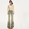 Jeans Flare Estilo Americano para Mulheres, Novo Verão 2026 Cintura Alta com Botão Duplo Slimming Elástico Levanta Bumbum Calça Flare