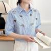 2025 Nuevo Estilo de Verano Retro Literario Elegante Tops Chica del Bosque Camisa de Mezclilla Bordada Suelta de Manga Corta para Mujer
