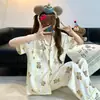 Pijama de Algodón Nube para Mujer, Verano Lindo Conejo de Dibujos Animados Manga Corta Pantalón Largo, Talla Grande Holgado Conjunto de Hogar de Verano
