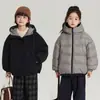 Jaqueta Puffer Reversível Curta com Capuz Pudding Haru para Crianças Meninas Estilo Novo Inverno 2025 Jaqueta Simples de Penas de Pato