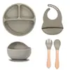 Nuevo Plato de Silicona de Grado Alimenticio para Bebés, Resistente a Caídas, con Ventosa, Tenedor, Cuchara, Babero, Taza, Juego de Seis Piezas para Niños, Vajilla