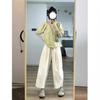 Traje de Rua para Mulheres 2025 de Celebridade da Internet, Camisa de Verão Nova com Gola Quadrada e Mangas Bufantes com um Conjunto Completo de Calças Retas de Cintura Alta