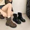 Botas de Cuero Plisadas de Diseño Retro Estilo Británico Botines Adelgazantes Otoño e Invierno Plataforma Suela Gruesa Pantalón Botas de Caballero para Mujer