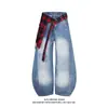 Jeans Desconstruído Xadrez Lavado High Street Americano para Homens e Mulheres Cleanfit Perna Larga Casual Solto Tendência Calças Scimitar