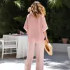 2026 Verano Amazon Transfronterizo Holgado Cuello en V Manga Corta Top Pantalones de Pierna Ancha Rayados Conjunto de Dos Piezas Traje de Algodón y Lino Mujer