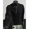 Moletom Preto com Zíper Meio, Camiseta de Manga Longa Rivet High Street Retro Americano para Primavera e Outono, Bonita de Manga Curta Pesada