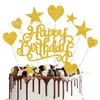 Tarjeta de decoración de pastel de feliz cumpleaños con purpurina transfronteriza, adorno para pastel de estrella, tarjeta de decoración de pastel en forma de corazón