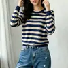 Suéter de Punto Rayado Popular para Mujer Transfronterizo, Cuello Redondo Simple, Camiseta Base de Punto Versátil de Manga Larga para Principios de Otoño, Rejuvenecedor y Adelgazante