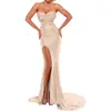 Vestido de Noche Strapless de Comercio Exterior 2026 Nuevo Estilo Sexy con Abertura Alta Elegante con Cola Larga Vestido de Anfitriona