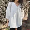 Camisa babydoll com mangas 3/4, decote V, estilo coreano, solta e bufante, blusa de novo estilo