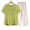 Conjunto de Camiseta de Manga Corta de Moda Nueva de Verano para Mamás, Cuello en V Holgado, que Oculta la Barriga, Adelgazante, Conjunto de Top y Pantalones para Mujeres de Mediana Edad