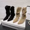 Botas de tacón de aguja plisadas de estilo vintage para mujer, de media pantorrilla, para otoño e invierno, botas de montar de punta alta hasta la rodilla, botas de tacón de bloque con corte en V