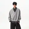 Sudadera estilo americano de dos piezas falsas con cuello de camisa para hombre, Otoño 2026, con diseño retro de retazos a rayas y manga larga tipo polo