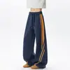 Calça de moletom listrada contrastante de marca da moda masculina outono retrô americano solta casual vibe high street comprimento total perna larga calça comprida
