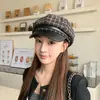 Gorra de pico a cuadros de otoño estilo coreano para mujer, sombrero octogonal de tweed con visera inspirado en Chanel, gorra de boina elegante y con estilo