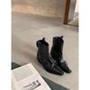 Sapatos de Couro Bovino de Primeira Camada, Superfície Macia, Emagrecedores, Costurados, Salto Grosso, Botas Curtas Ocidentais de Couro Genuíno no Mesmo Estilo, Bico Fino, Franzidos da Moda