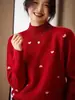 Tricô 100% Lã Pura Feminino Gola Alta Meia Estilo Francês Preguiçoso Coração Cintilante Peça Básica Tricô Tricô de Seda Brilhante Vermelho