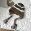 Gorro de punto con protección para los oídos con costuras a rayas para mujer, gorro de lana cálido y grueso para otoño e invierno, gorro de felpa Lei Feng a la moda
