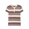 Ropa Femenina Transfronteriza 2026 Moda Europea y Americana Versátil Casual de un Solo Botón con Ribete Manga Corta Rayas Tejido Superior para Mujer F71303