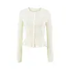 Top de punto sexy con cuello redondo y diseño calado para chicas calientes, nuevo cárdigan dulce de un solo botón con volantes para principios de otoño