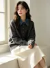 Suéter de Retazos de Mezclilla Estilo Coreano Retro de Dos Piezas Falsas Ropa Exterior para Mujer Otoño/Invierno Nuevo Diseño Solapa Punto Reductor de Edad