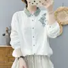Camisa de manga larga de gasa de algodón de doble capa para mujer, colección otoño 2025, con un cuello bordado retro y artístico, top de algodón suave, hipoalergénico y transpirable