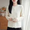 Cardigan de Lã Penteada com Renda de Organza, Gola Redonda, Tricô, Manga Longa, Jacquard, Modelo Solto, Nova Coleção Primavera/Verão 2026