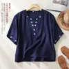 Blusa de algodón y lino bordada estilo étnico, cuello en V, nueva camisa 2026, blusa de verano artística de corte holgado estilo chino con botones