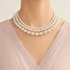Collar de perlas de imitación de vidrio de tres capas, collar de mujer, cadena de clavícula, doble capa, accesorios retro de moda, collar de cadena de suéter