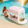 Bandeja inflable parasol para agua fila flotante cabaña amarilla a rayas bandeja estación de bebidas estante para alimentos y bebidas pinza para hielo fila flotante