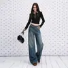 Jeans rectos de pierna recta para mujer, color azul oscuro retro desgastado lavado con efecto bigote de gato, colección de principios de otoño 2026, adelgazantes y con textura