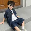 Traje de Mezclilla para Niños de Manga Corta Ropa de Verano 2025 Nuevo Estilo de Verano Conjunto Versátil Casual de Color Sólido de Manga Corta Deportivo de Dos Piezas para Niños