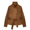 Atacado de Roupas Femininas Transfronteiriças Novo Estilo 2026 Estilo Europeu e Americano Gola Alta Cadarço Cintura Ajustada Camurça Veludo Curta Slim Fit Jaqueta Casaco