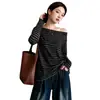Camisa a rayas de manga larga con cuello asimétrico y huecos para mujer, top corto irregular de talla grande para otoño, blusa súper popular