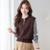 Suéter de punto de imitación de dos piezas con media cremallera estilo francés para mujer, adecuado para otoño e invierno, holgado y casual, se puede usar como capa exterior o como capa interior