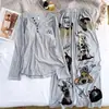 Pijama Hongda Sheng de Seda Hielo Acanalado con Copas para Mujer Manga Corta Pantalón Largo Nuevo Gato de Dibujos Animados Estilo Perezoso Hogar
