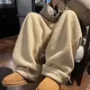 Outono e Inverno Veludo de Cordeiro Cor Sólida Simples Roupa Externa Calças de Algodão para Homens e Mulheres Forrado com Lã Quente Reto Casual Solto Perna Larga Calças