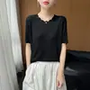 Blusa de Tricô Redonda Nova de Renda Lyocell Primavera/Verão, Camisa Básica Lisa de Manga Três Quartos Vazada, Camiseta de Listras Verticais para Mulheres