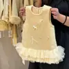 Vestido de Niña Otoño e Invierno Estilo Nuevo Moda para Niñas Dulce Lazo Perla Malla Empalmado Vestido Chaleco de Lana