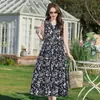 Vestido de verão de algodão e seda sem mangas para mulheres, plus size, corte solto, estilo longo, novo vestido floral de alta qualidade estilo resort