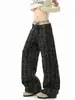 Pantalones casuales a cuadros de diseño retro americano de doble pretina para hombres y mujeres, pantalones holgados de pierna ancha hasta el suelo con cordón
