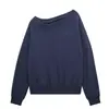Conjunto Feminino Azul Escuro Preguiçoso de Caimento Solto 2026 Novo Outono Estilo Coreano Blusa de Manga Longa Moletom Ombro a Ombro