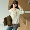 Casaco de Lã Mongol para Meninas Outono 2026 Novo Patchwork Xadrez Jaqueta com Capuz Canelada Estilo Coreano Camada Superior