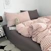 Conjunto de Roupa de Cama Xadrez Listrado Mix and Match de Quatro Peças, Capa de Edredom de Algodão Puro Lavado, Lençol com Elástico, Conjunto de Três Peças para Dormitório de Estudante
