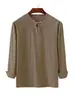 Camisa de Manga Larga Lisa con Cordón para Hombre, Estilo Europeo y Americano, de Algodón y Lino, Cuello Mao, Holgada, para Primavera y Otoño
